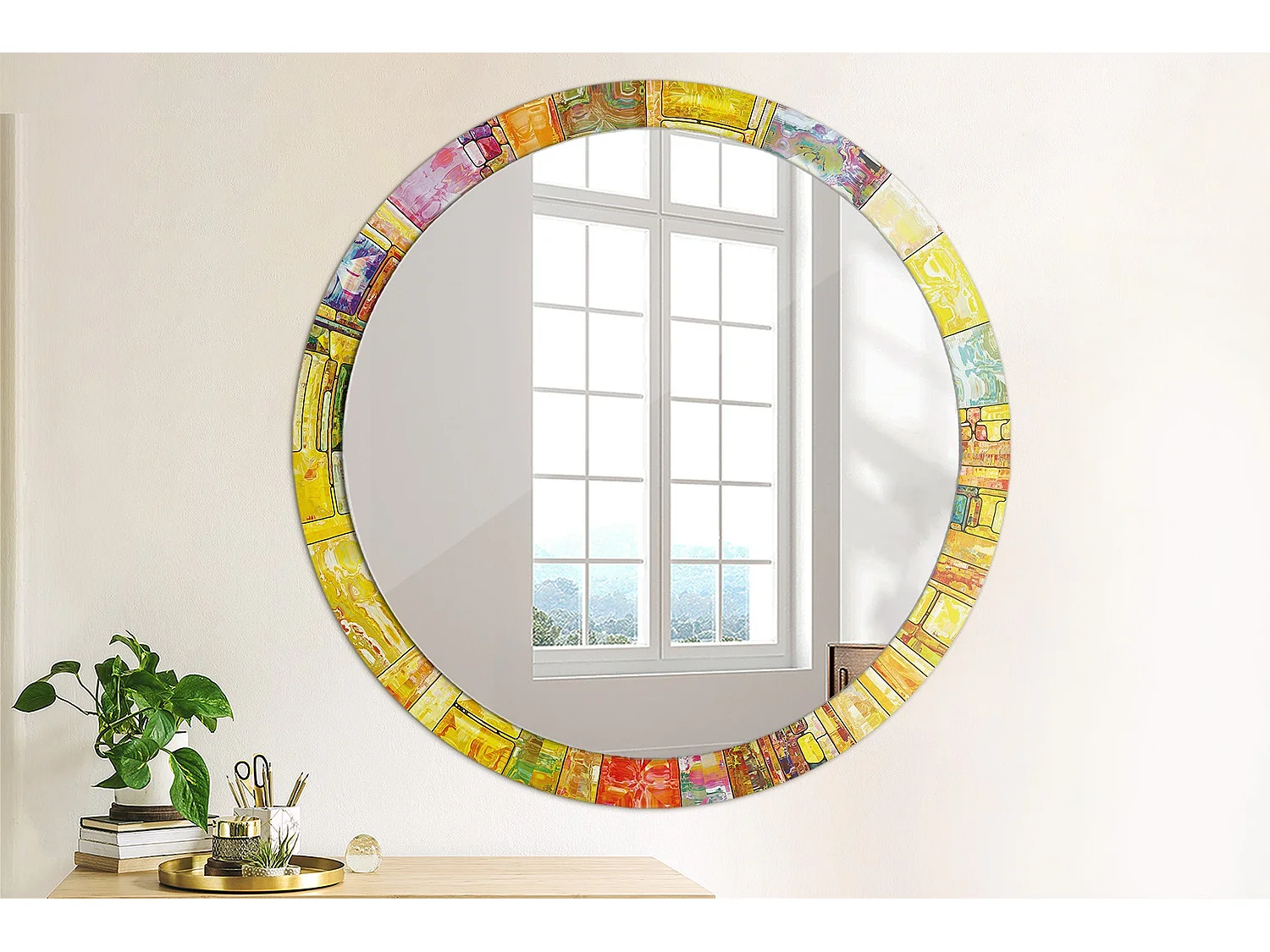 Miroir rond décoratif - Vitrail coloré - 100 cm