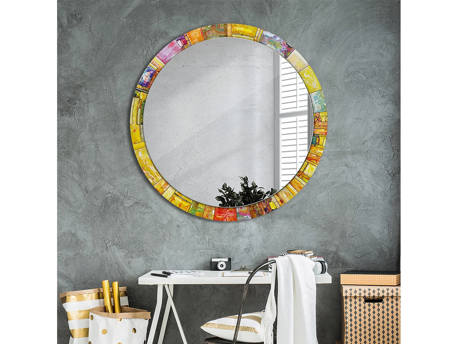 Miroir rond décoratif - Vitrail coloré - 100 cm