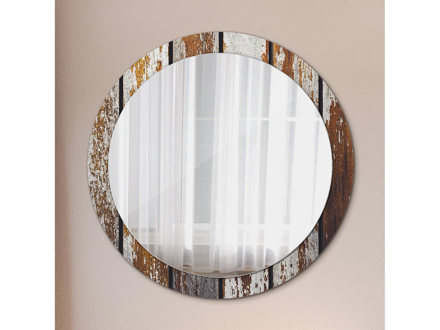 Miroir rond décoratif - Bois vintage foncé - 90 cm