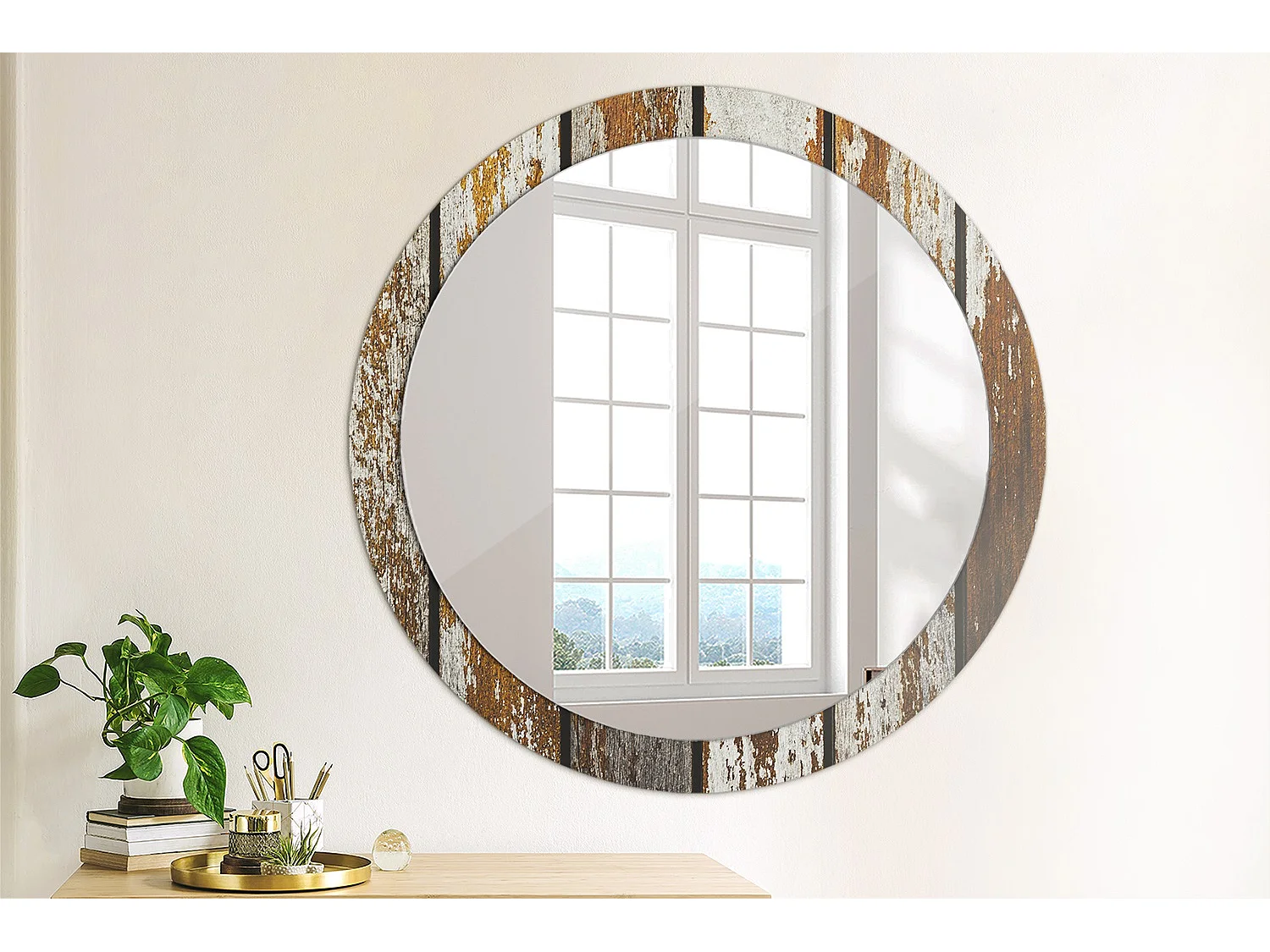 Miroir rond décoratif - Bois vintage foncé - 90 cm