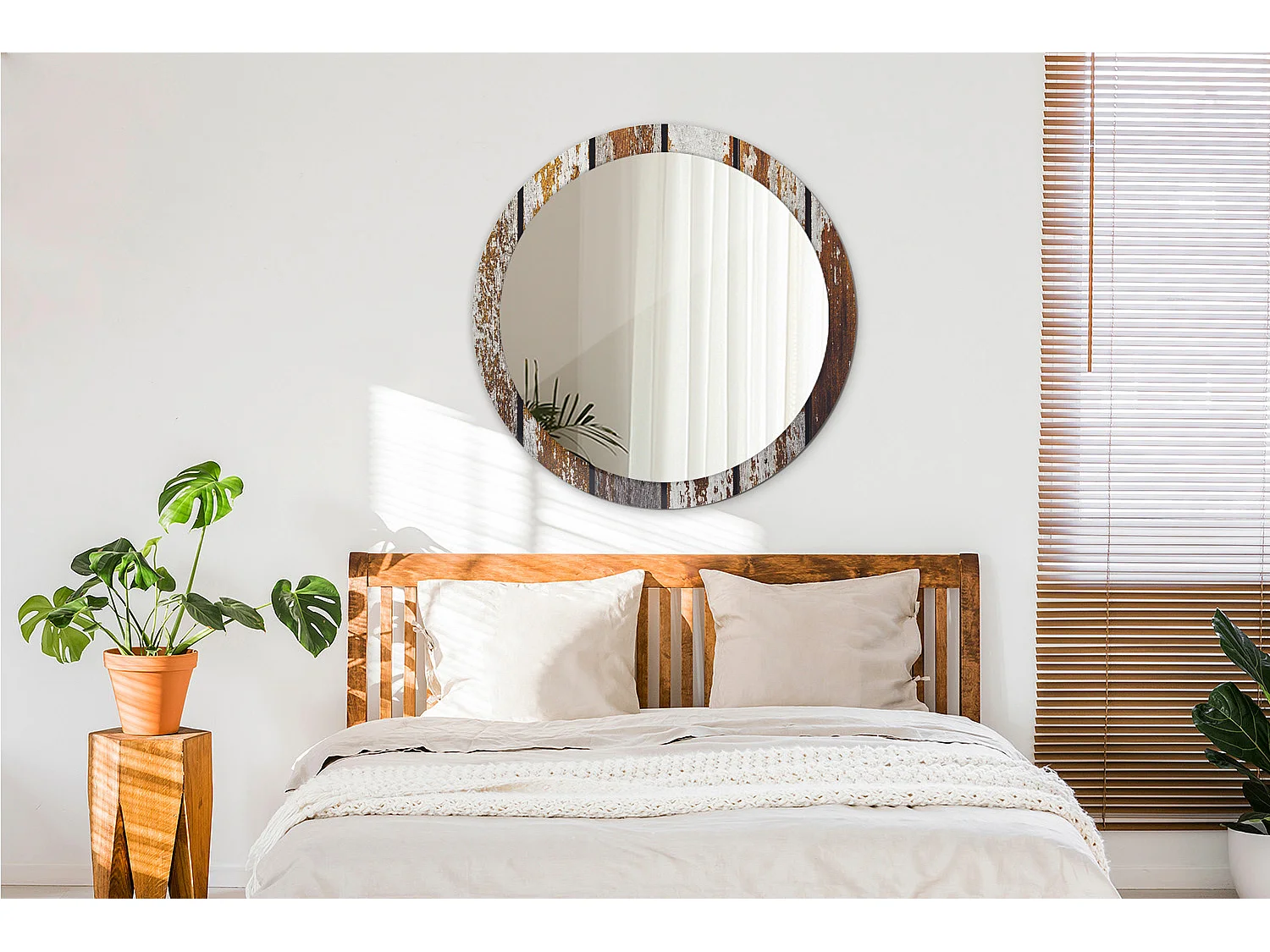 Miroir rond décoratif - Bois vintage foncé - 90 cm