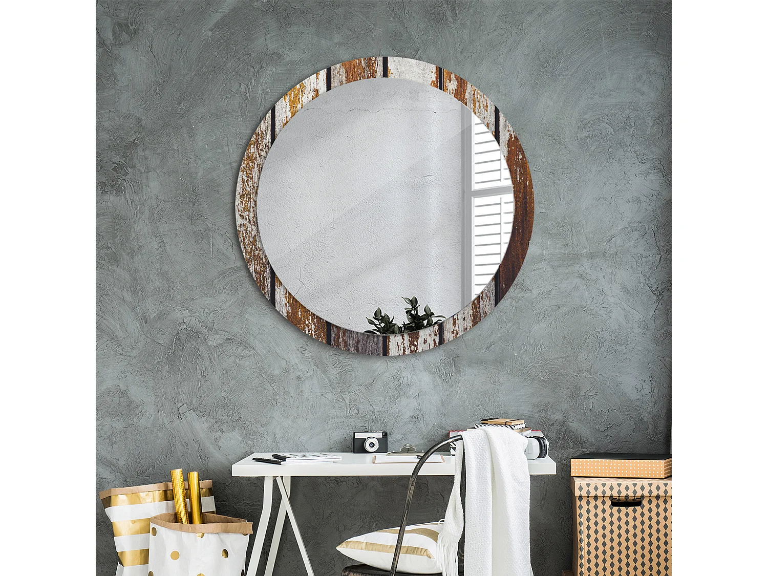 Miroir rond décoratif - Bois vintage foncé - 90 cm