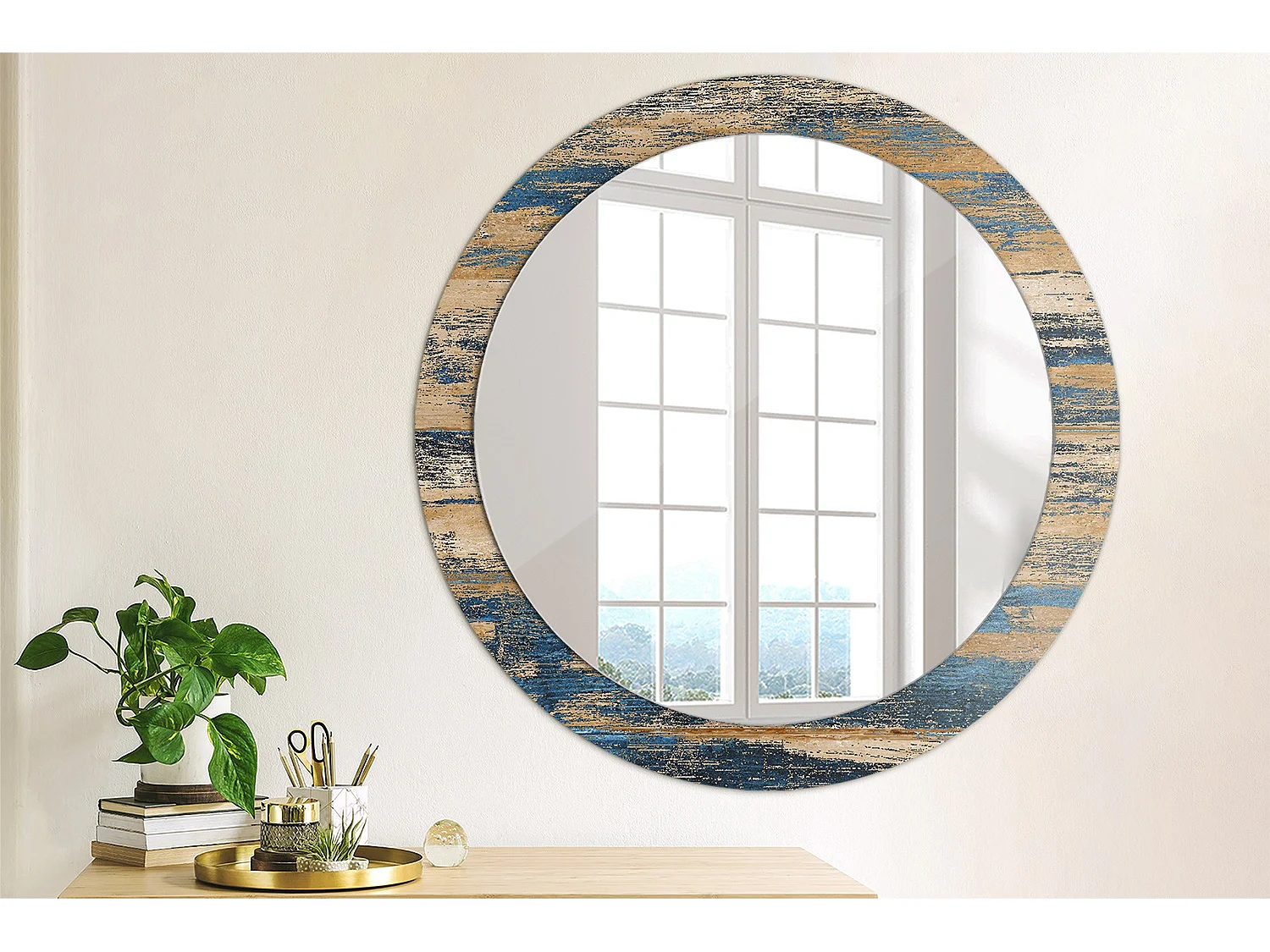 Dekorativer runder Spiegel - Abstraktes Holz - 80 cm