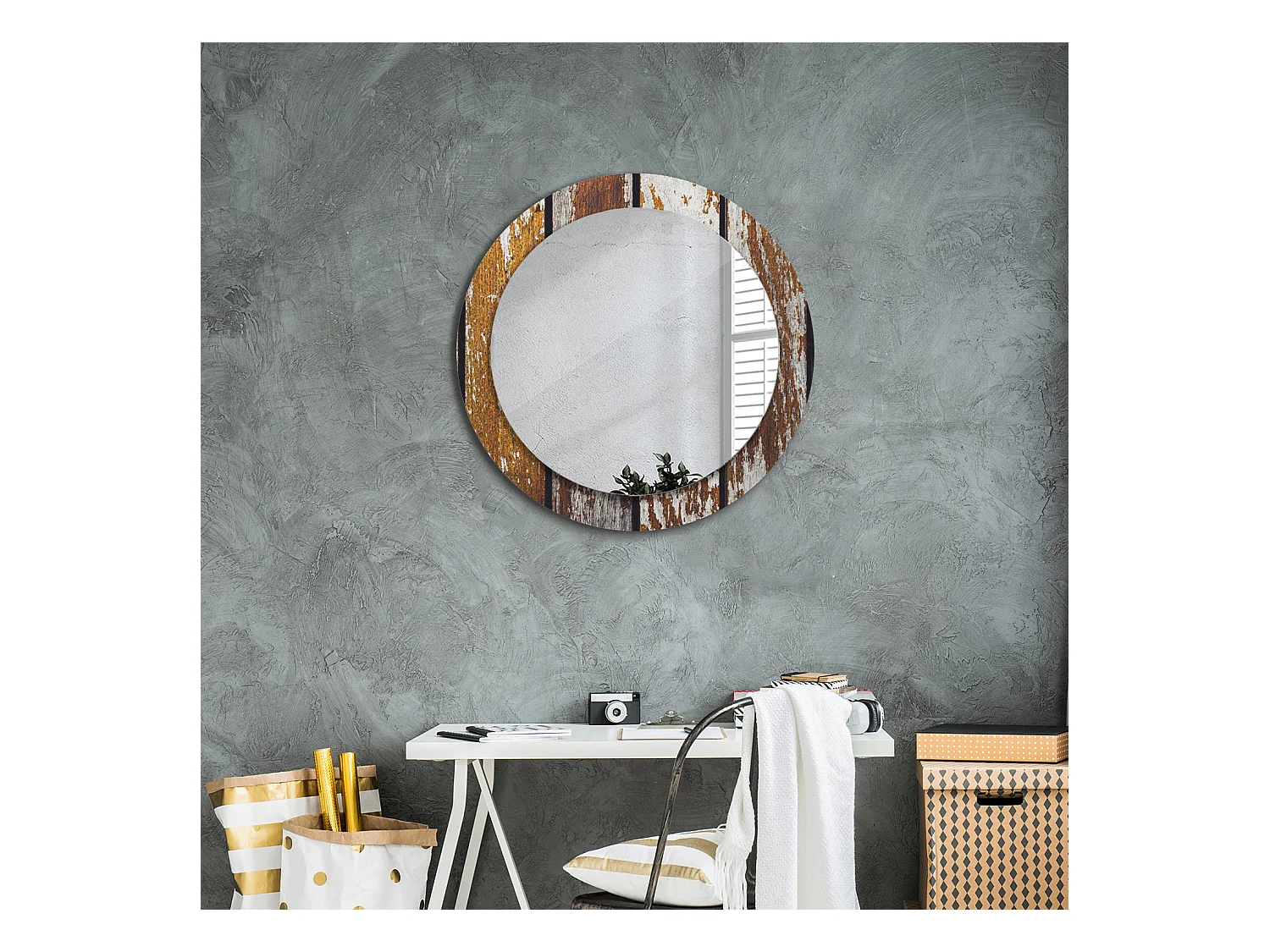 Miroir rond décoratif - Bois vintage foncé - 70 cm