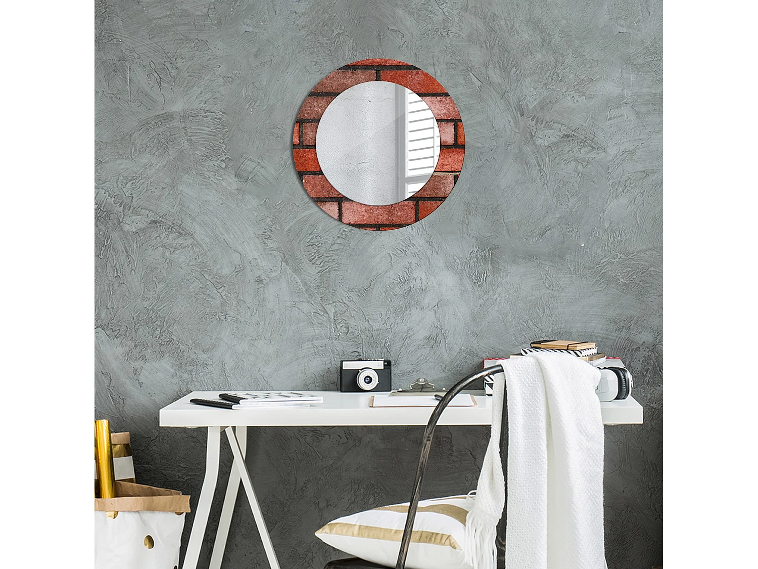 Miroir rond décoratif - Brique rouge - 50 cm
