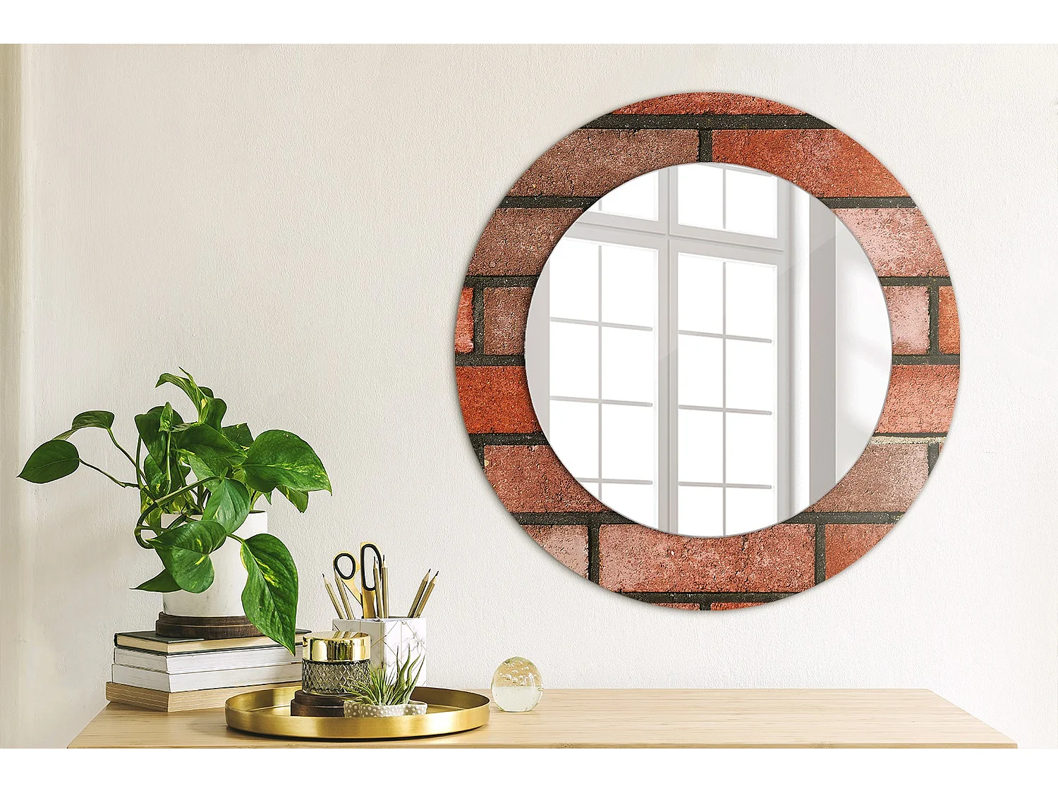 Miroir rond décoratif - Brique rouge - 50 cm