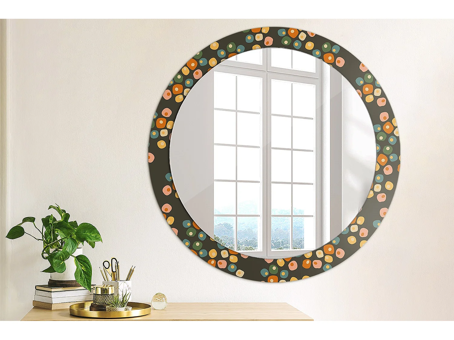 Miroir rond décoratif - Pois fleuris - 80 cm