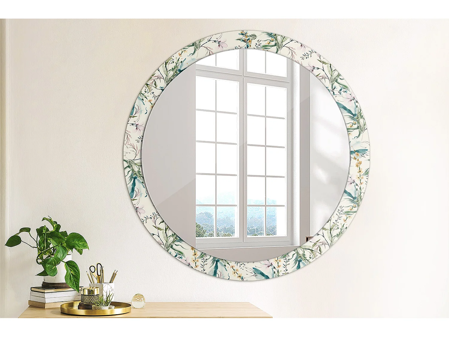 Dekorativer runder Spiegel - Aquarellblumen - 90 cm