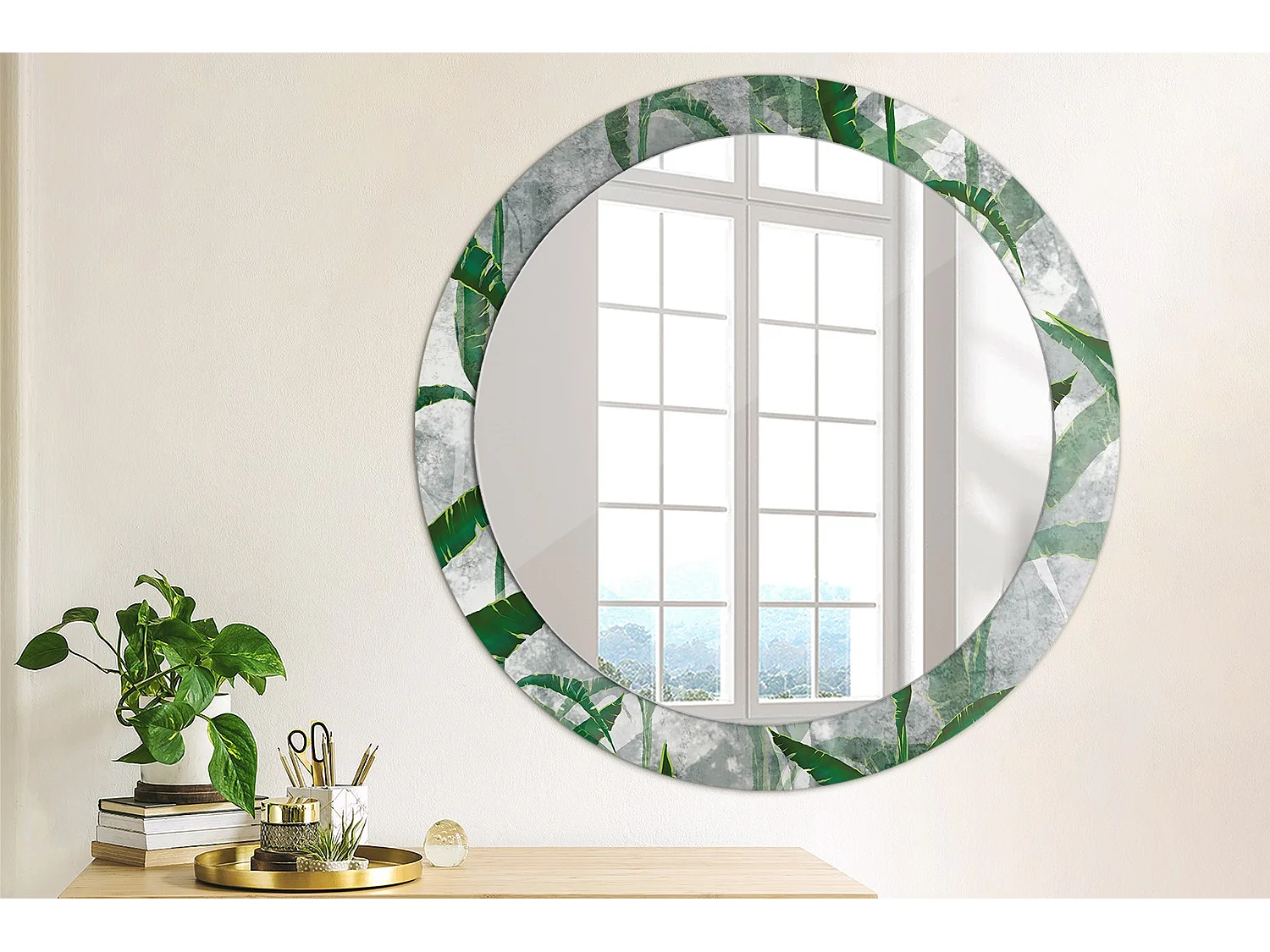 Miroir rond décoratif - Feuilles tropicales - 80 cm