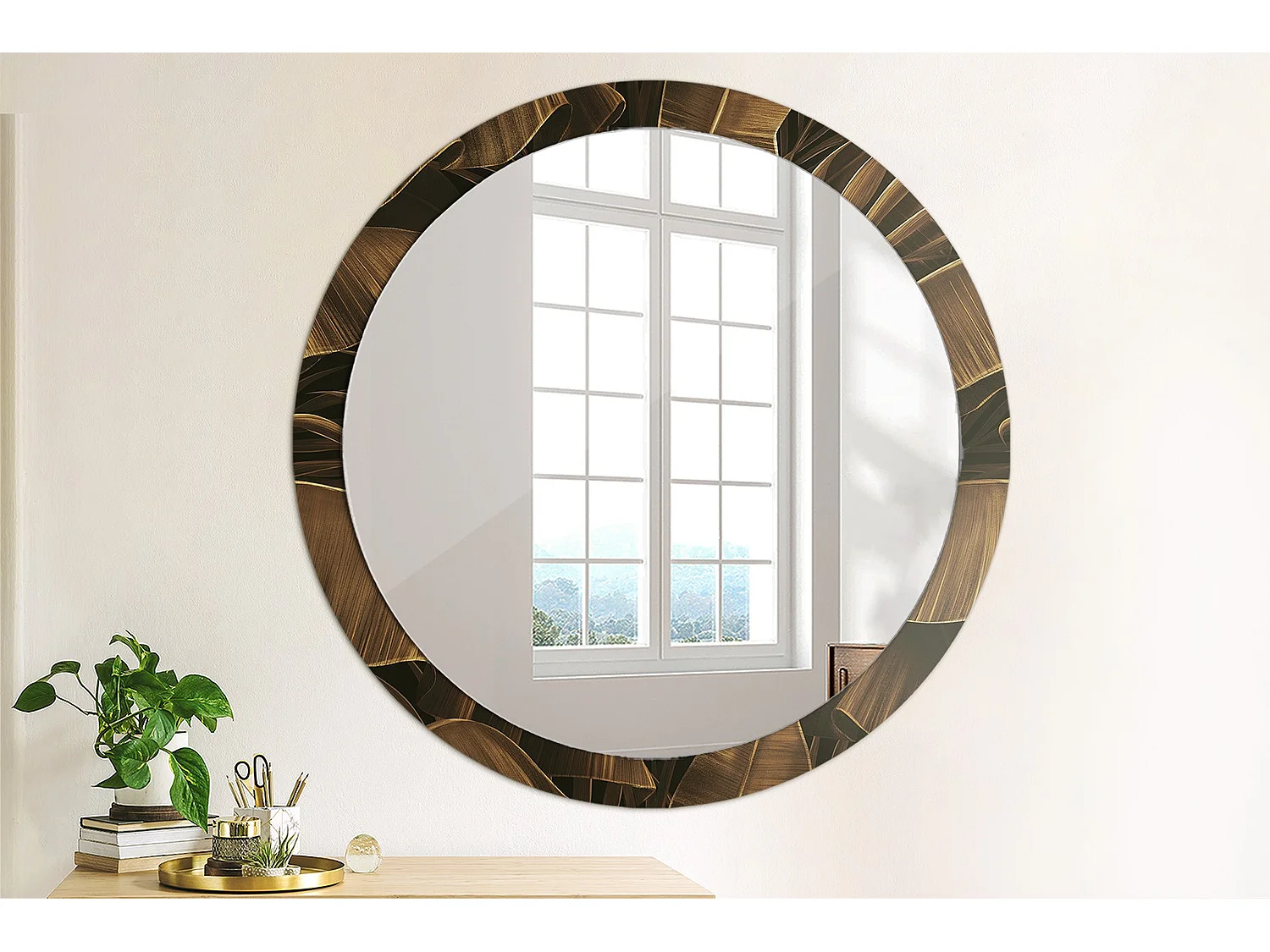 Miroir rond décoratif - Feuilles de bananier marron - 100 cm