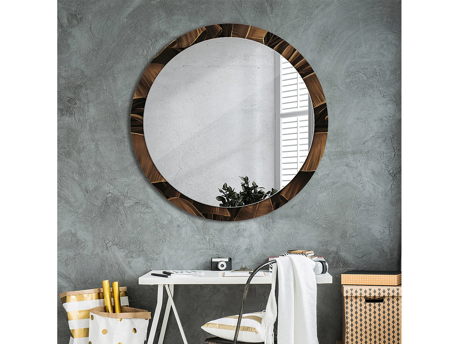 Miroir rond décoratif - Feuilles de bananier marron - 100 cm