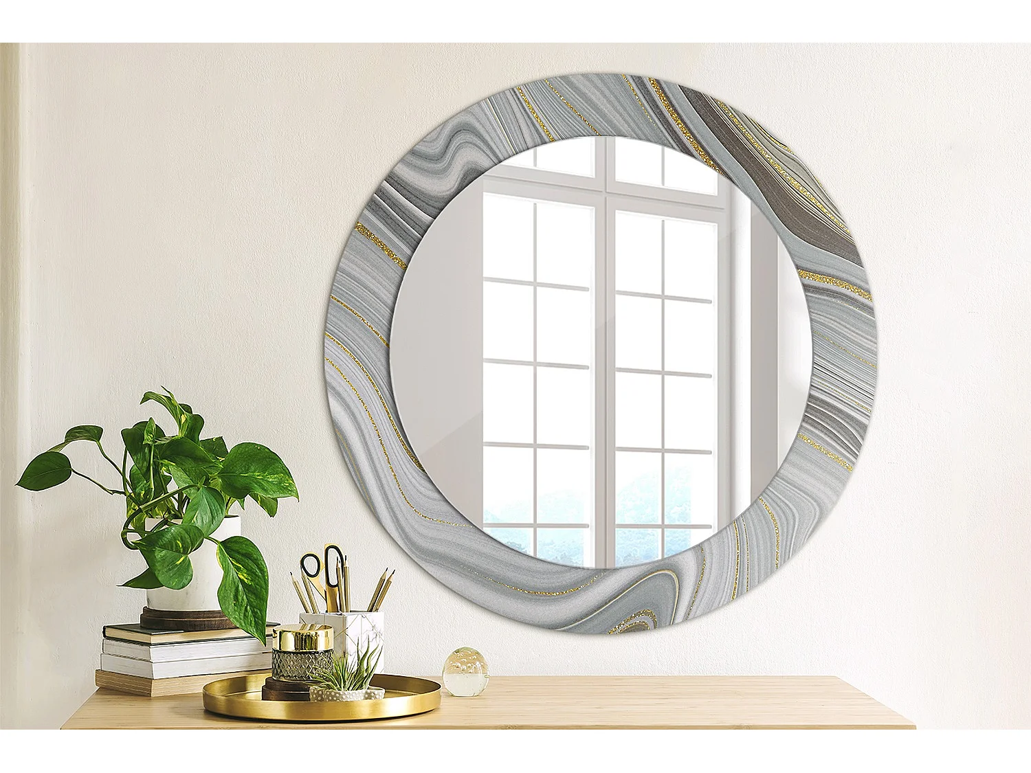 Runder dekorativer Spiegel - Grauer Marmor - 60 cm