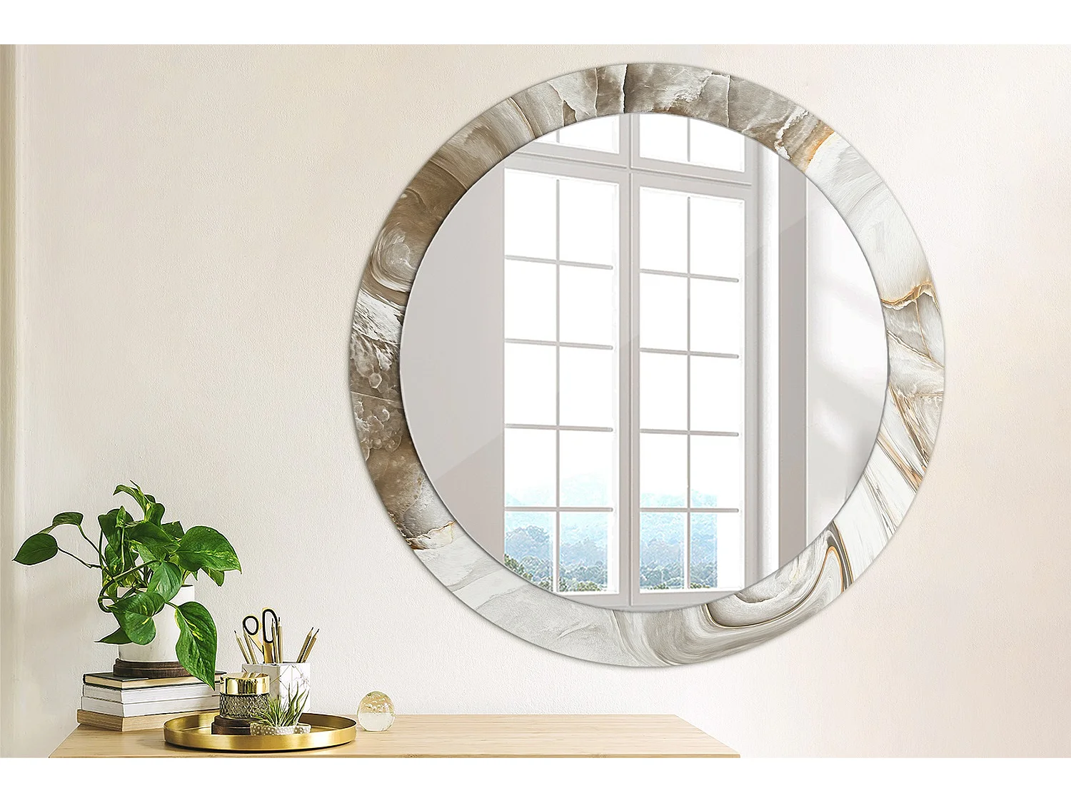 Specchio rotondo decorativo - Marmo chiaro - 80 cm