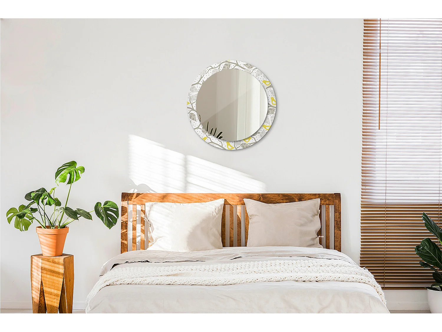 Miroir rond décoratif - Oiseaux jaunes sur les branches - 70 cm