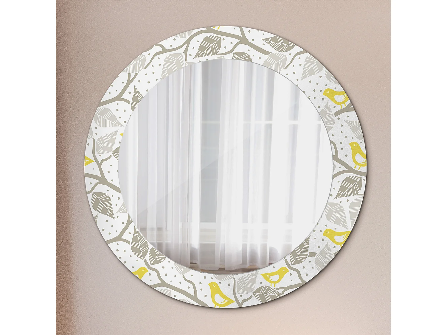 Miroir rond décoratif - Oiseaux jaunes sur les branches - 70 cm