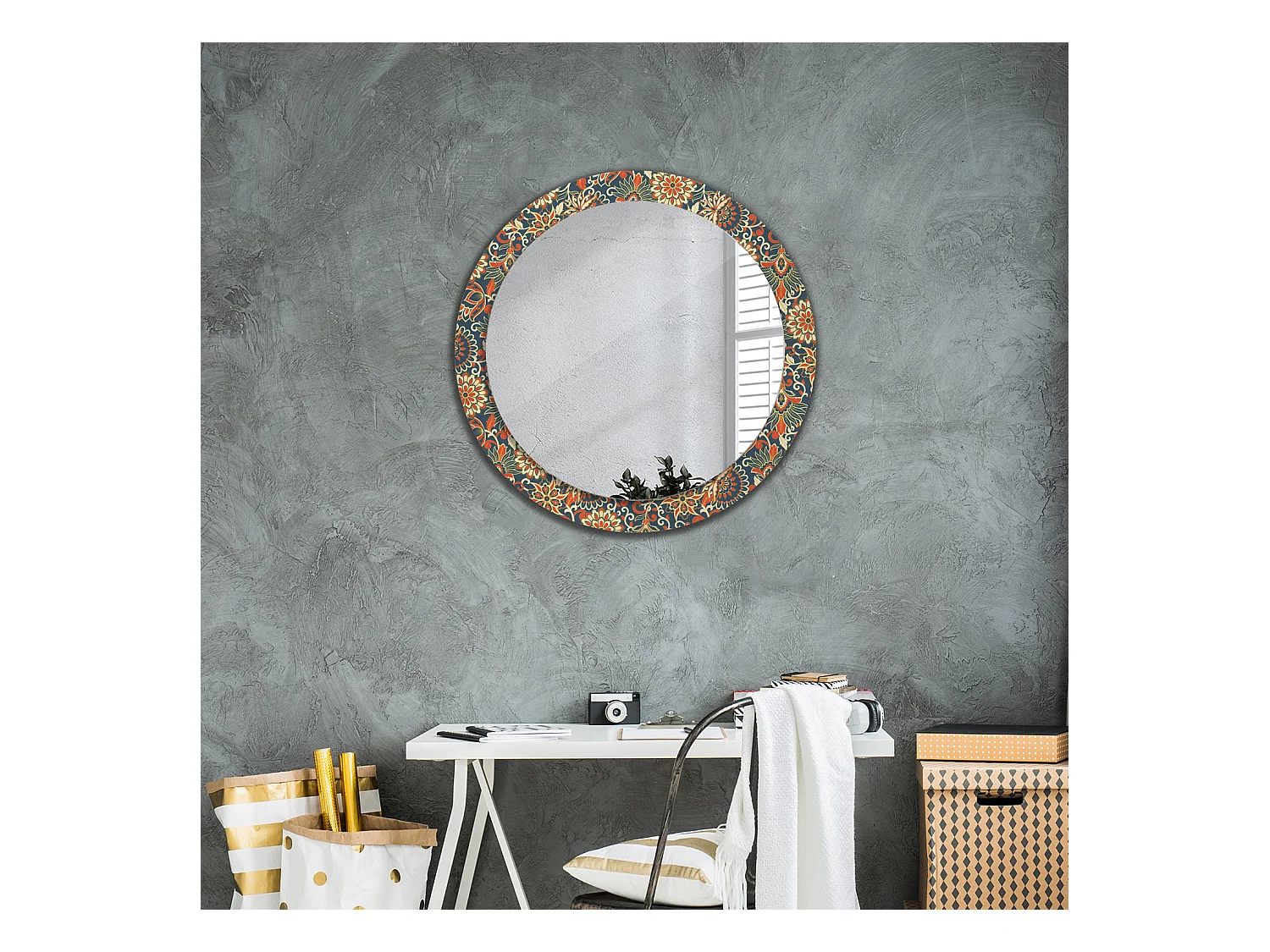 Decoratieve ronde spiegel - retro bloemen - 80 cm