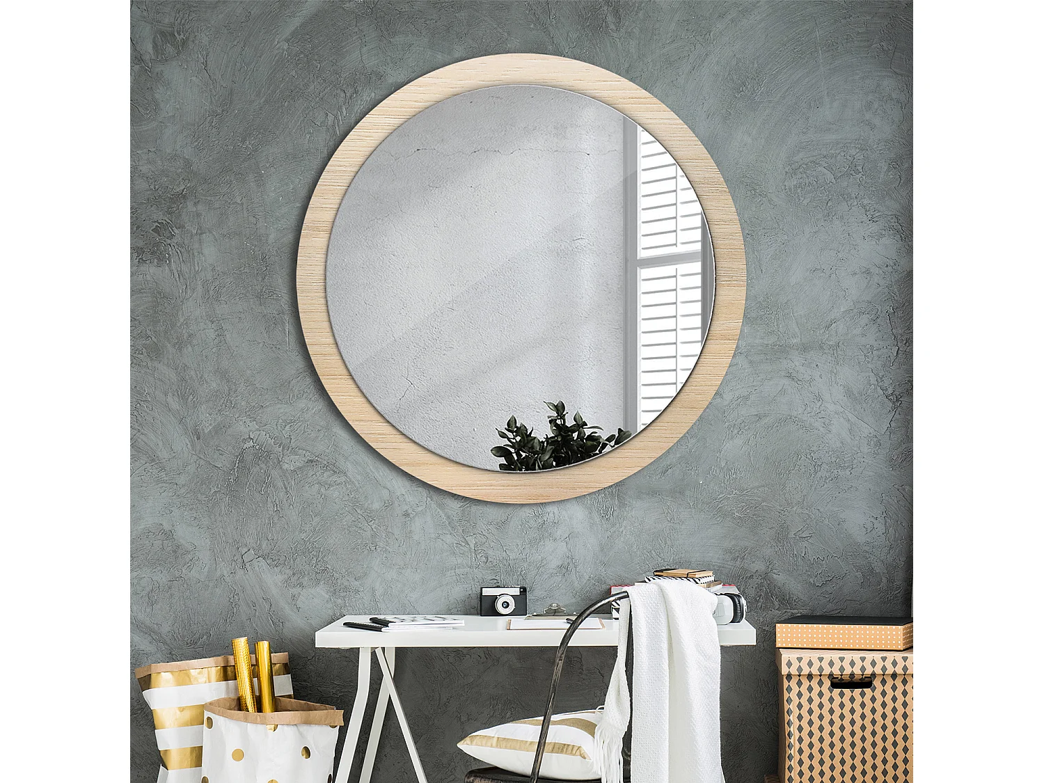 Miroir rond décoratif - Bois clair - 100 cm