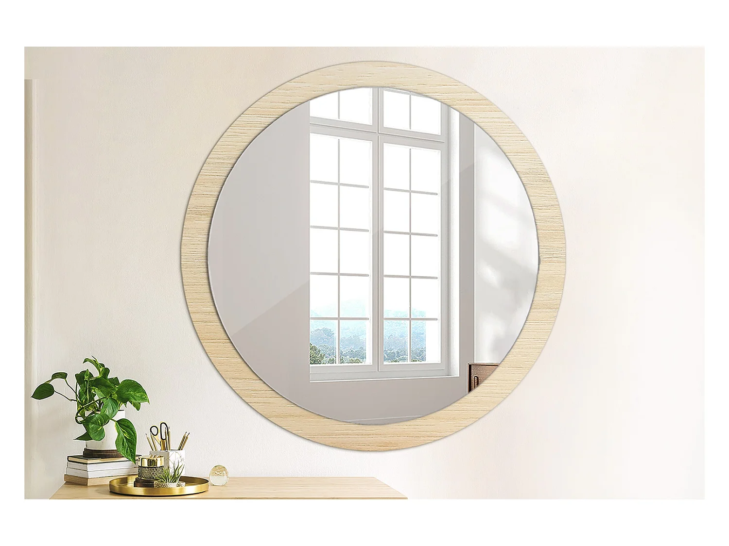 Runder dekorativer Spiegel - Helles Holz - 100 cm