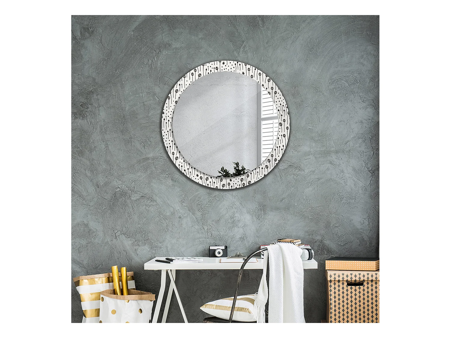 Miroir rond décoratif - Dessin floral - 80 cm