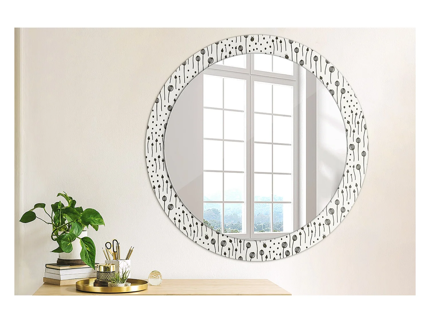 Miroir rond décoratif - Dessin floral - 80 cm