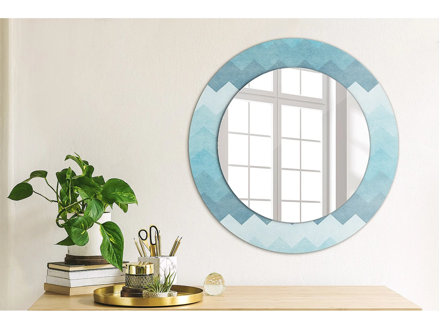 Runder dekorativer Spiegel – Blue Chevron – 50 cm