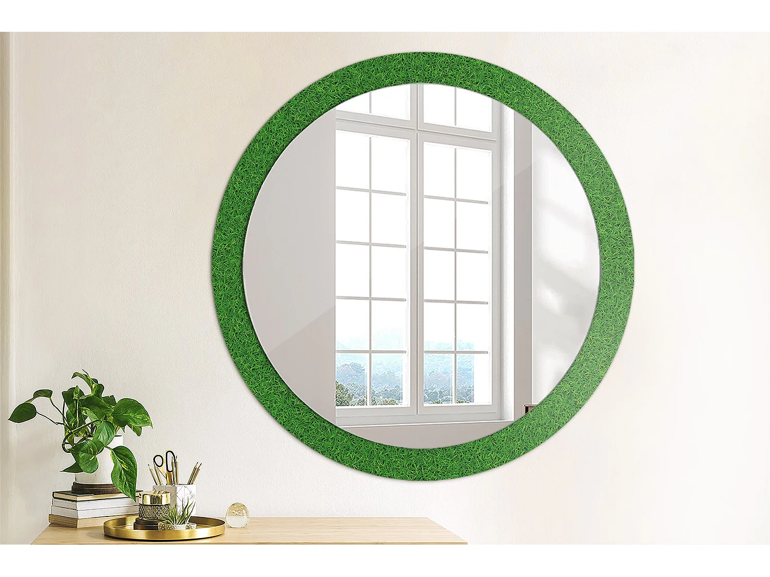 Miroir rond décoratif - Herbe verte - 90 cm
