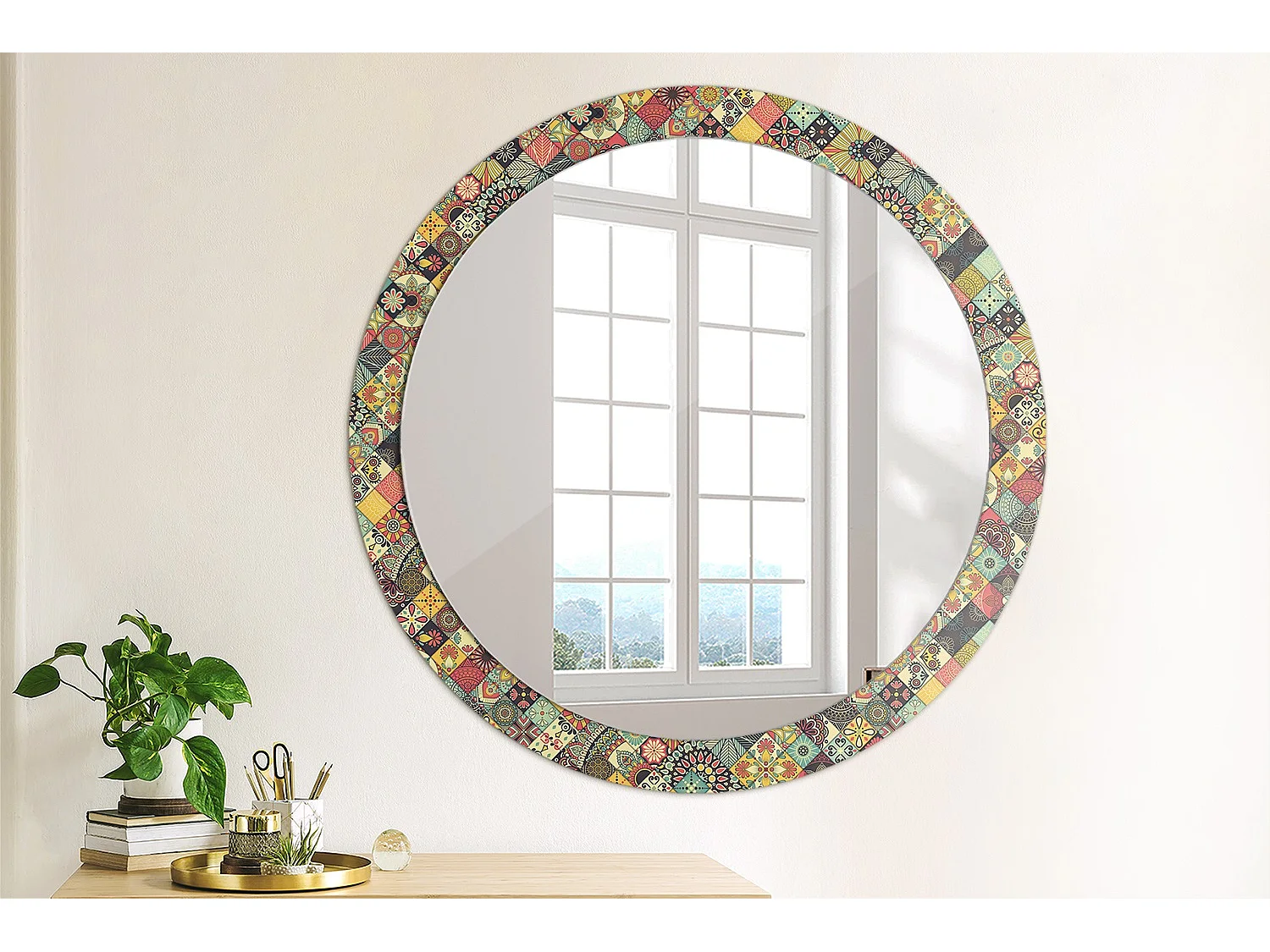 Dekorativer runder Spiegel – Patchwork-Fliesen – 90 cm