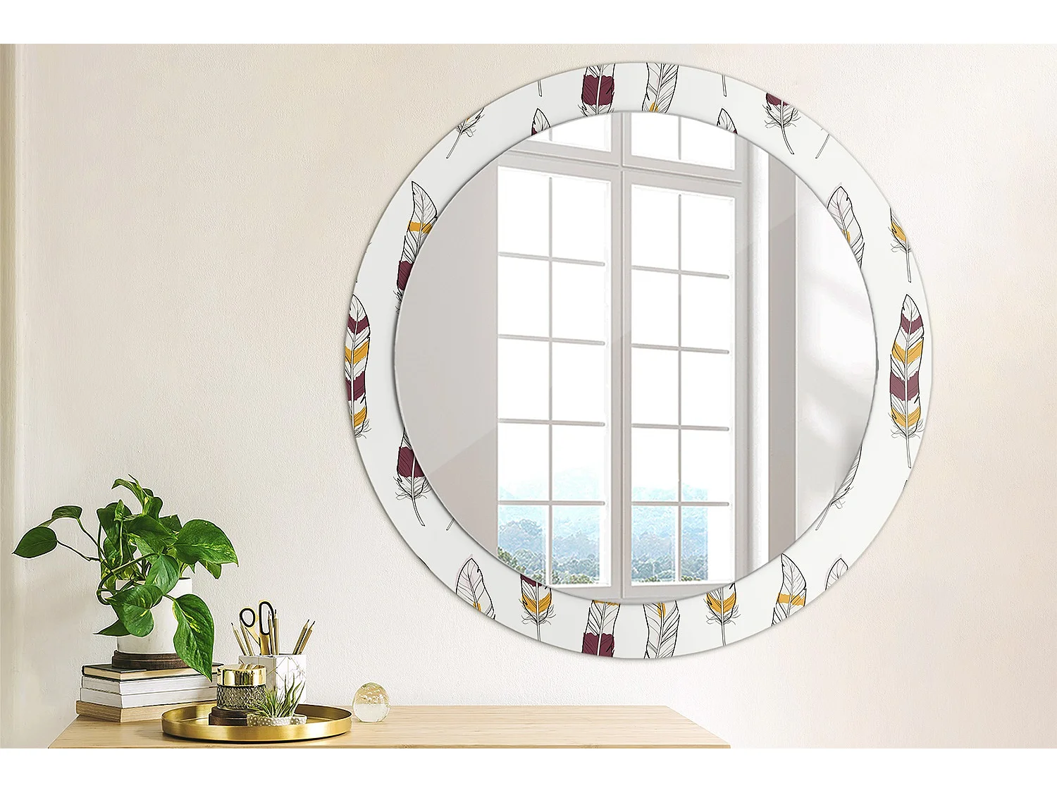 Miroir rond décoratif - Plumes - 80 cm