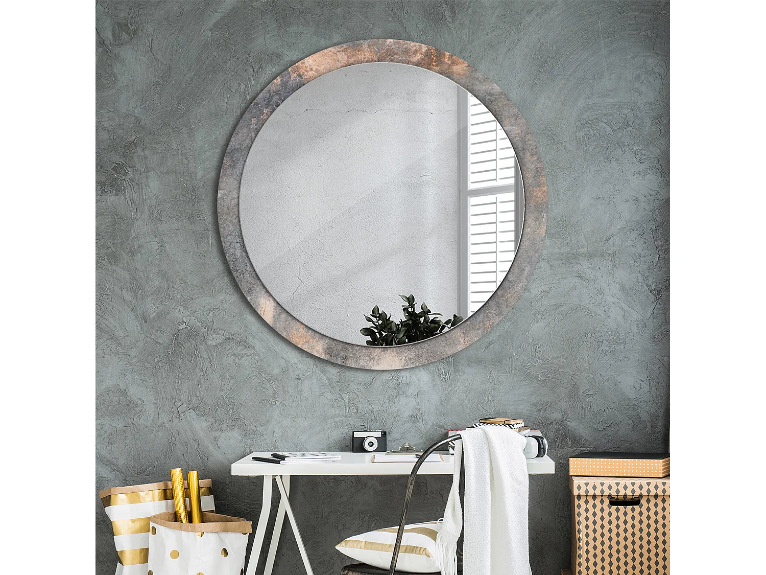 Miroir rond décoratif - Béton vintage - 100 cm