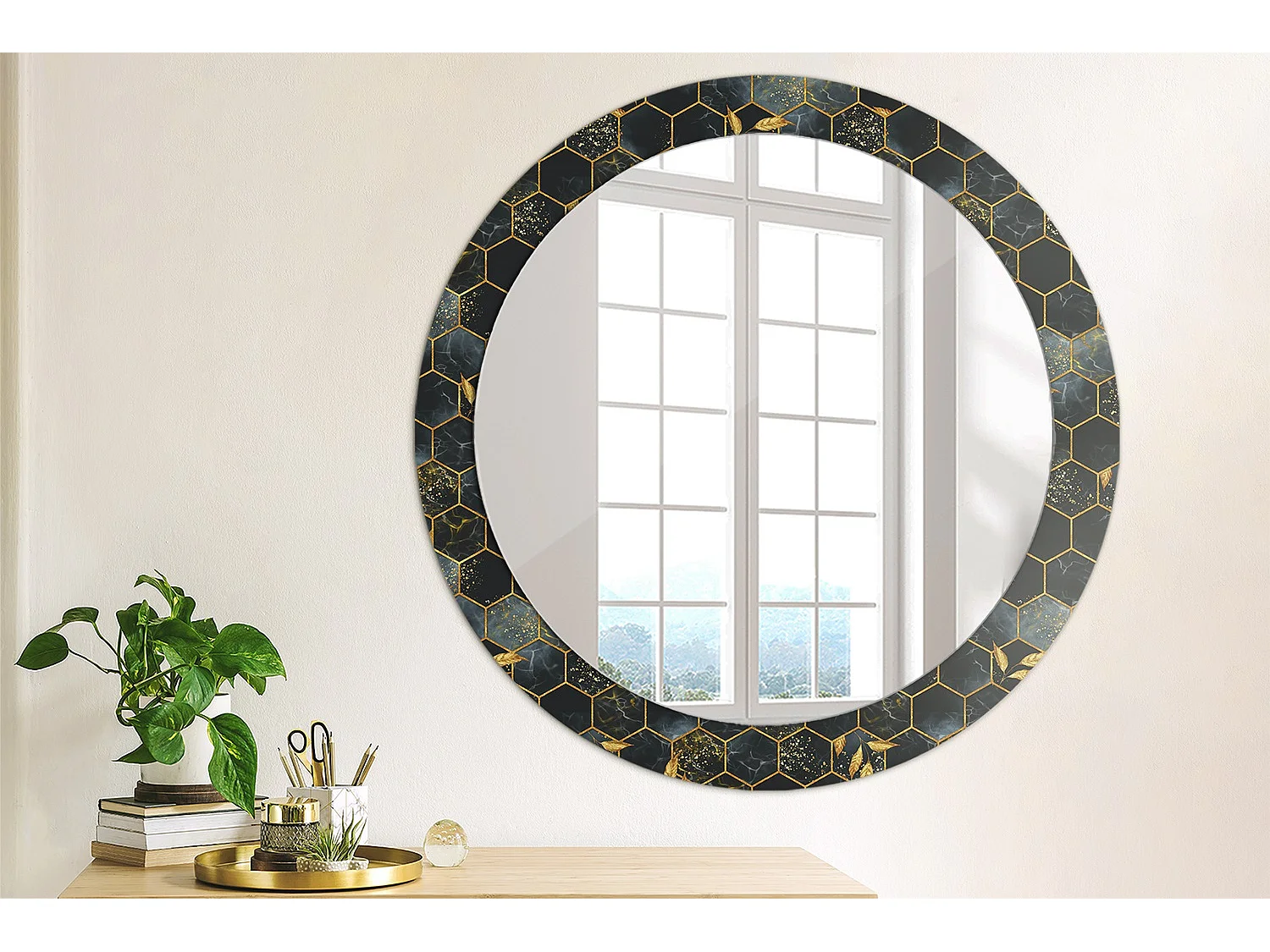 Miroir rond décoratif - Hexagone en marbre - 80 cm