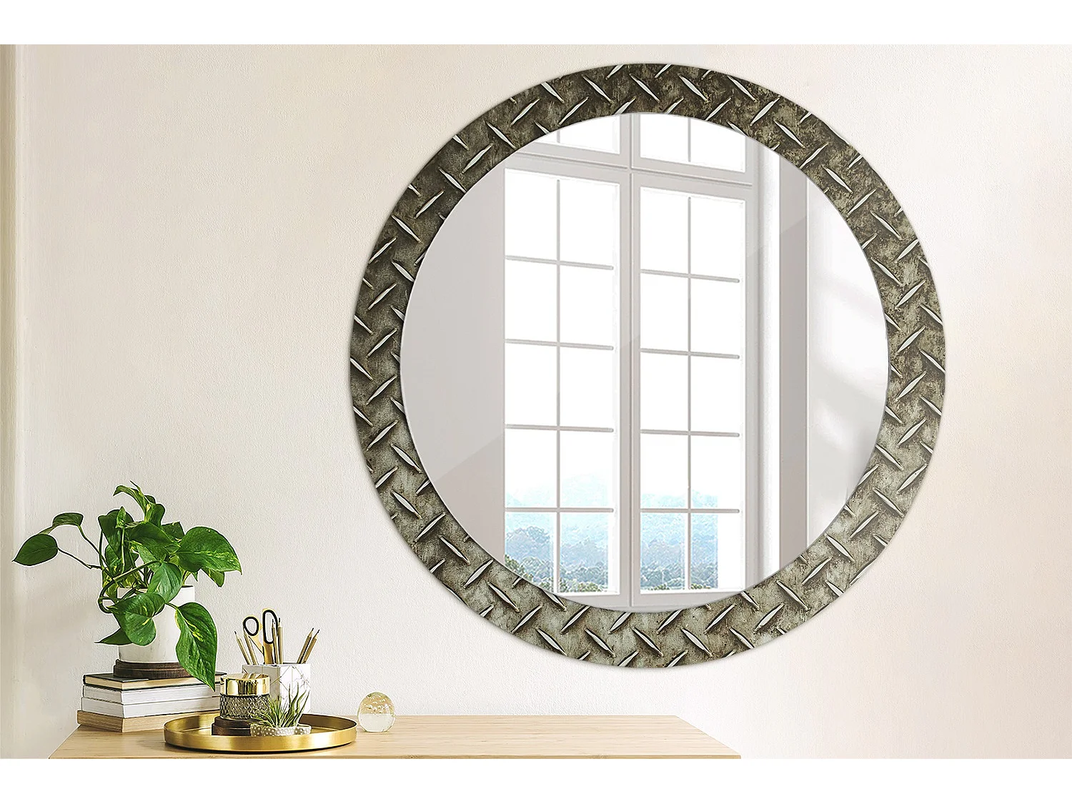 Dekorativer runder Spiegel - Stahlstruktur - 80 cm