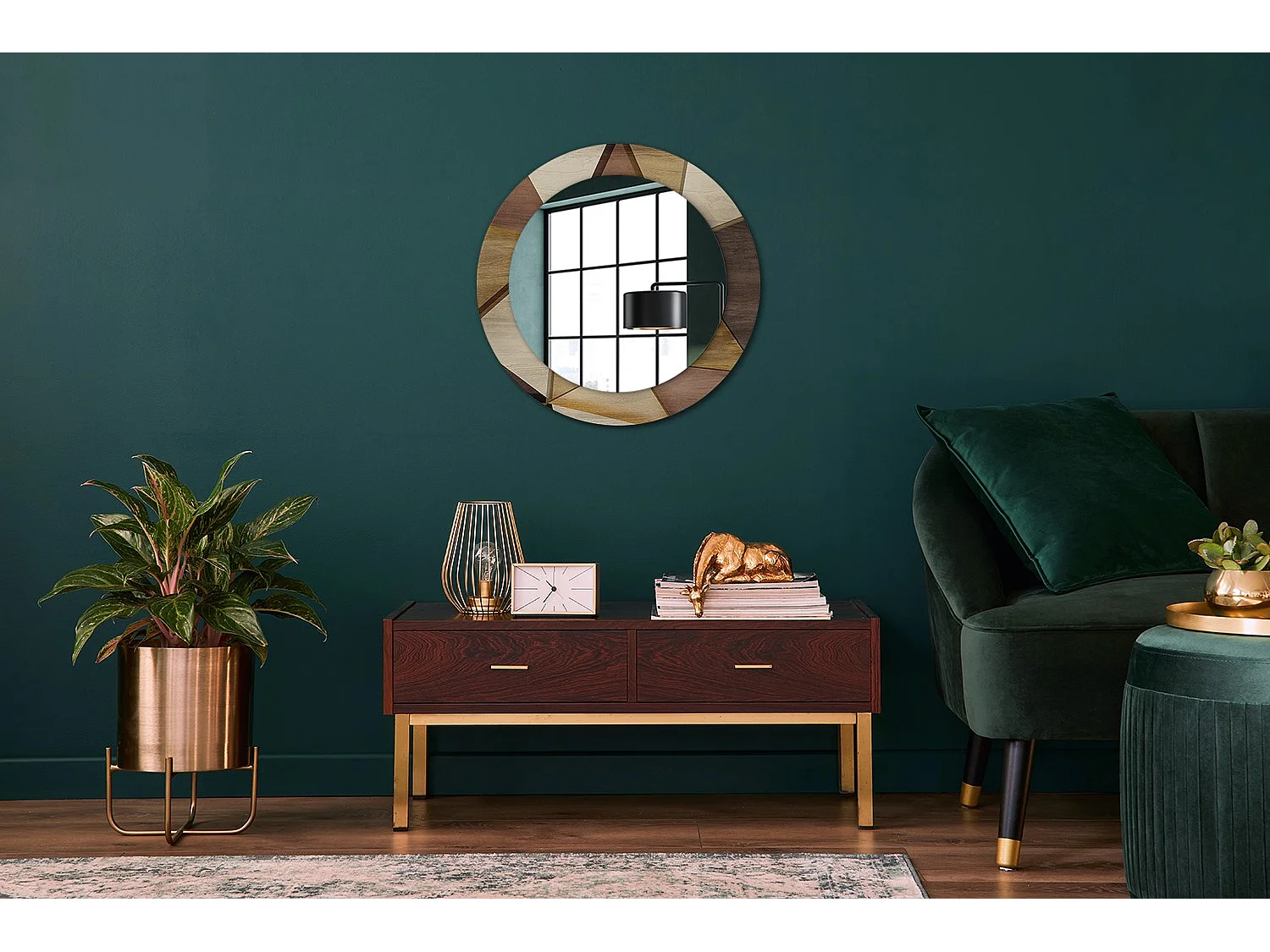 Dekorativer runder Spiegel – 3D-geometrisches Holz – 60 cm