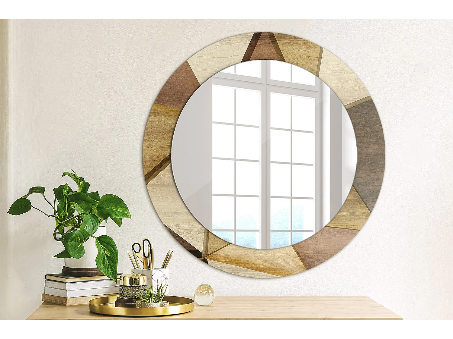 Dekorativer runder Spiegel – 3D-geometrisches Holz – 60 cm