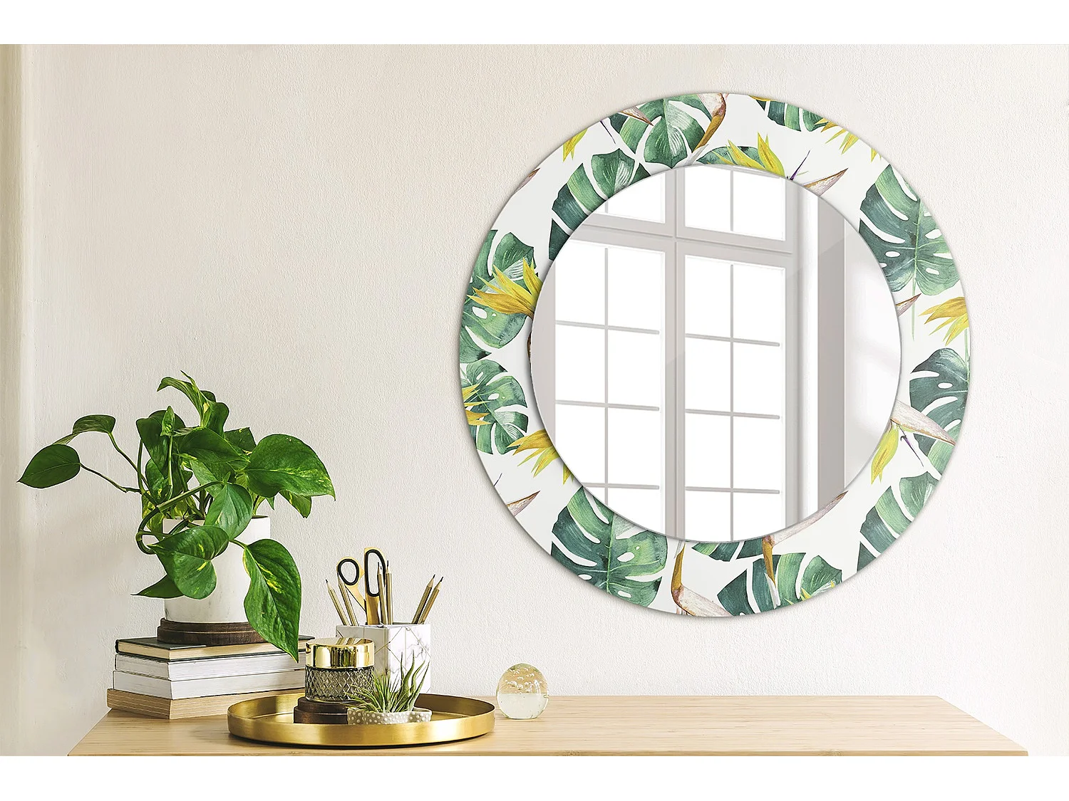 Miroir rond décoratif - Feuilles tropicales - 50 cm