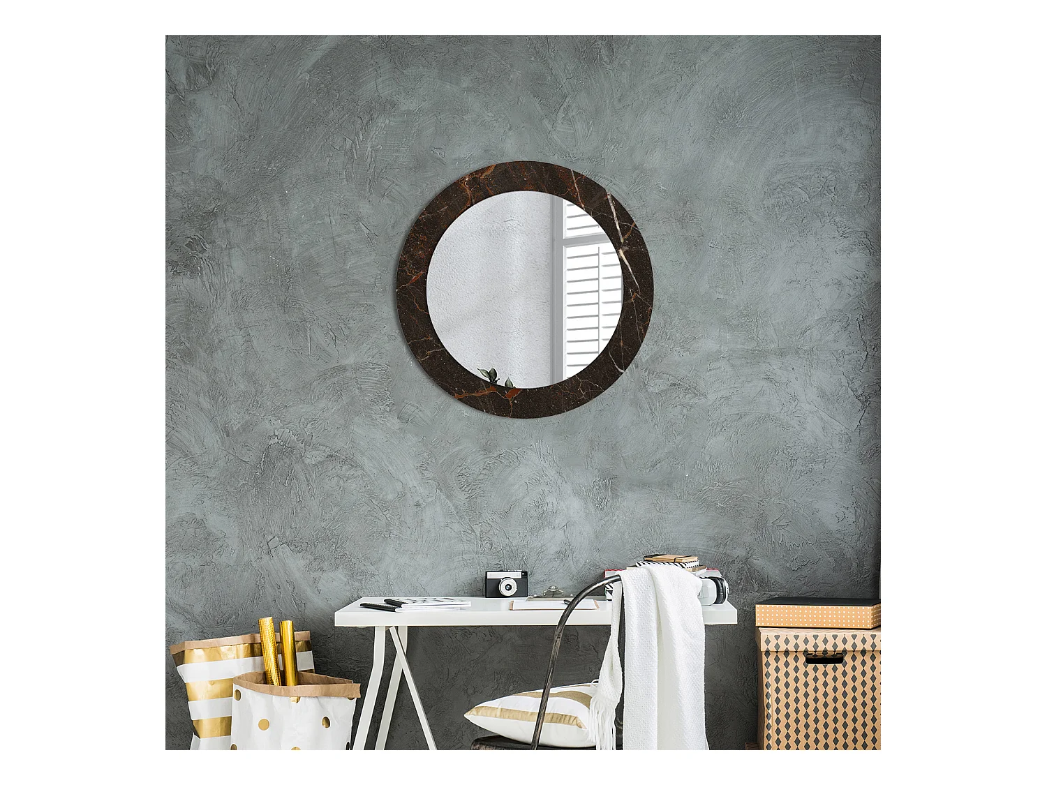 Miroir rond décoratif - Marbre marron - 60 cm