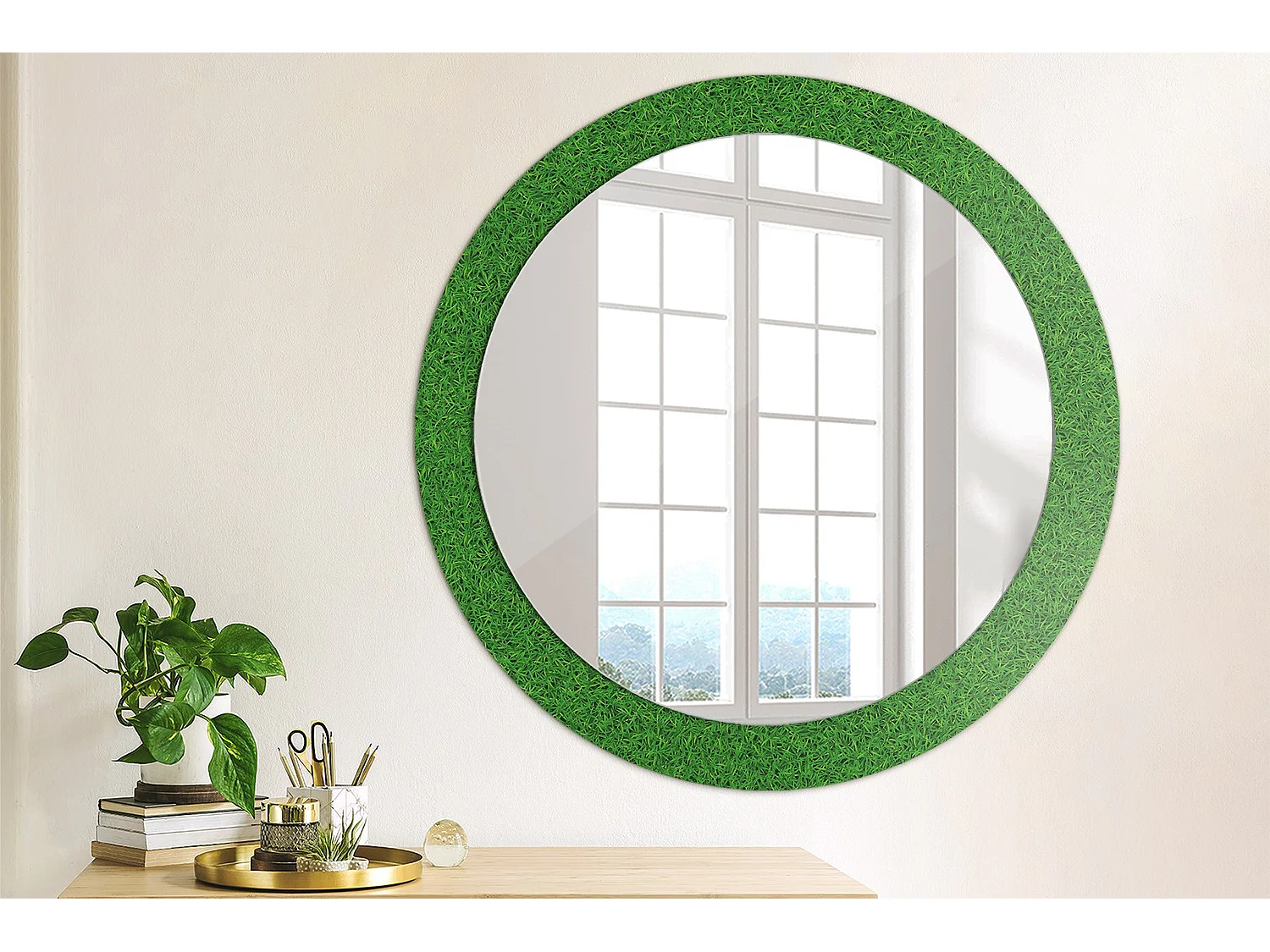 Miroir rond décoratif - Herbe verte - 80 cm