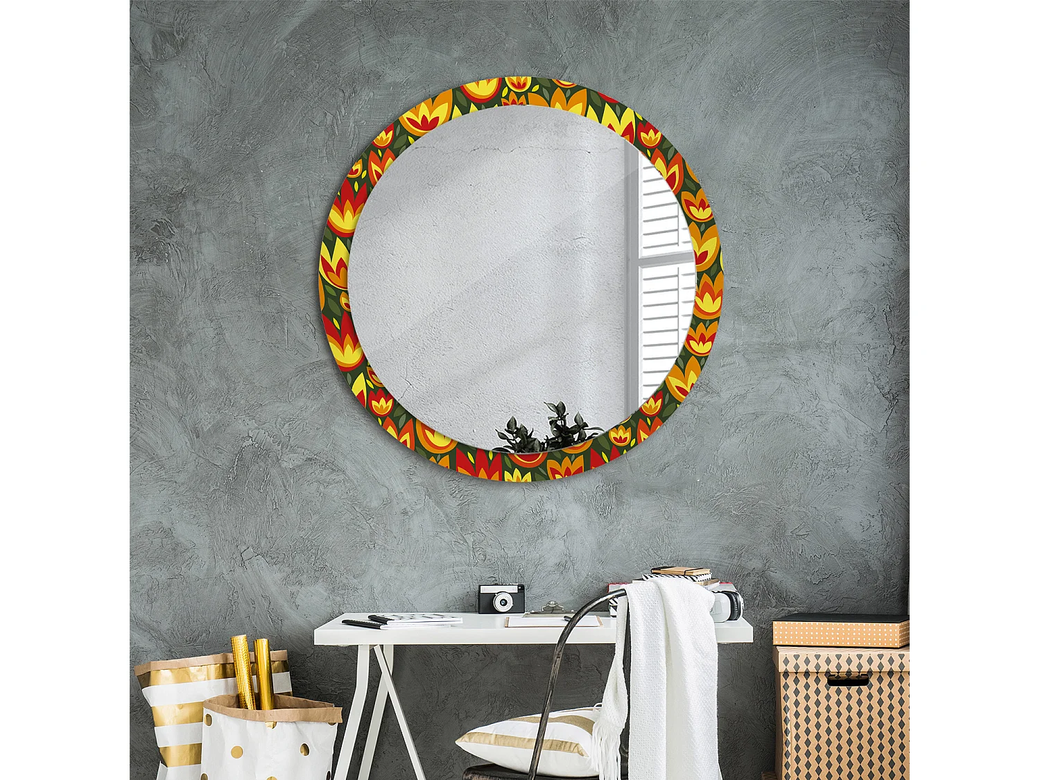 Ronde decoratieve spiegel - retro tulpen - 90 cm