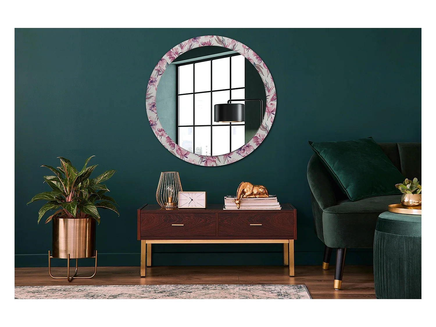 Specchio rotondo decorativo - Fiori di peonia - 90 cm