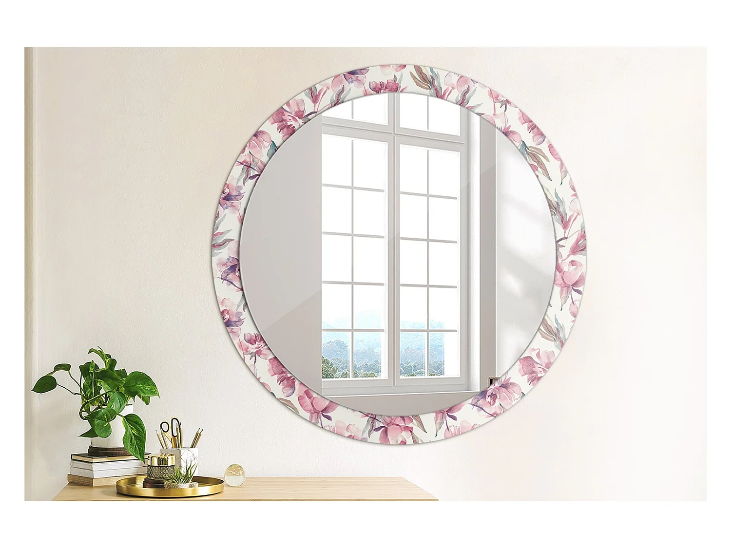 Specchio rotondo decorativo - Fiori di peonia - 90 cm