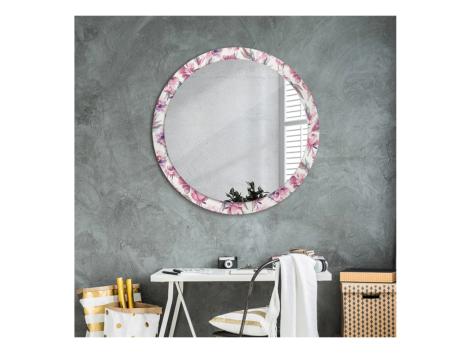 Specchio rotondo decorativo - Fiori di peonia - 90 cm