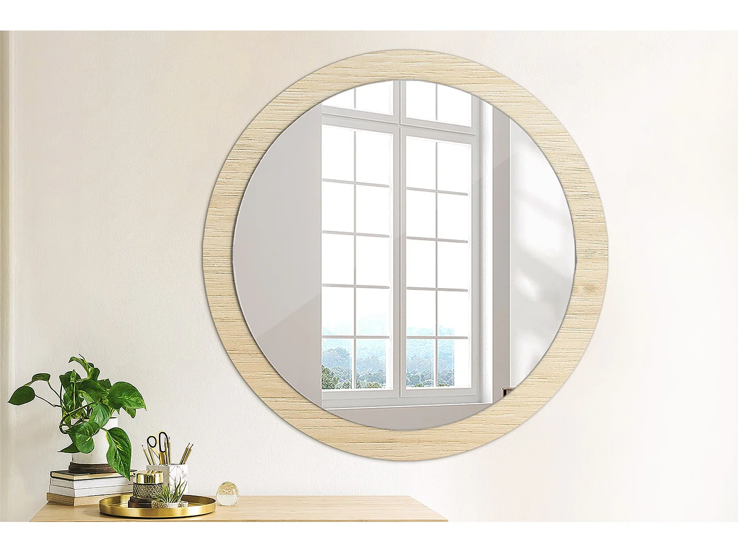 Ronde decoratieve spiegel - Licht hout - 90 cm