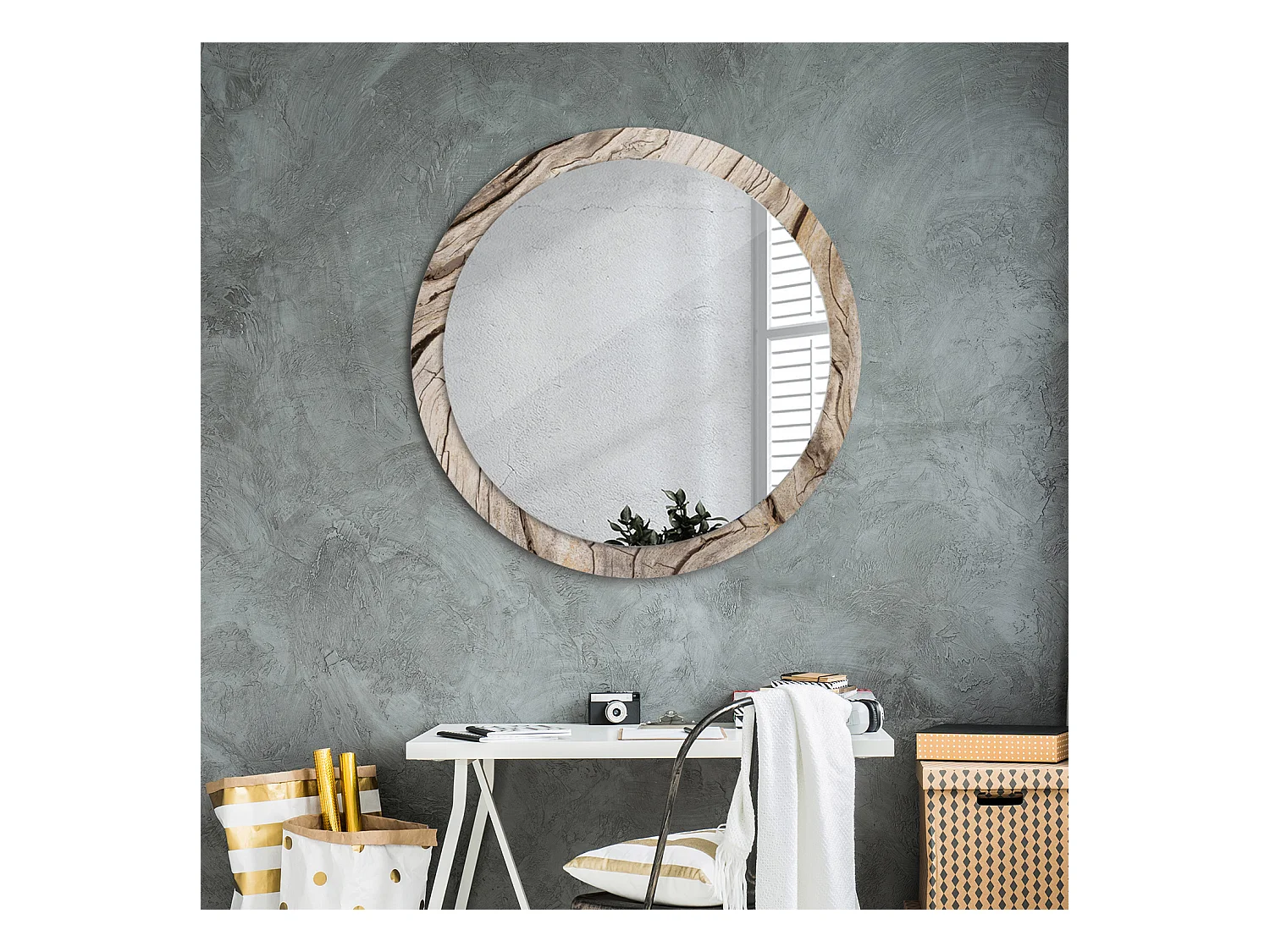 Miroir rond décoratif - Bois craquelé - 90 cm