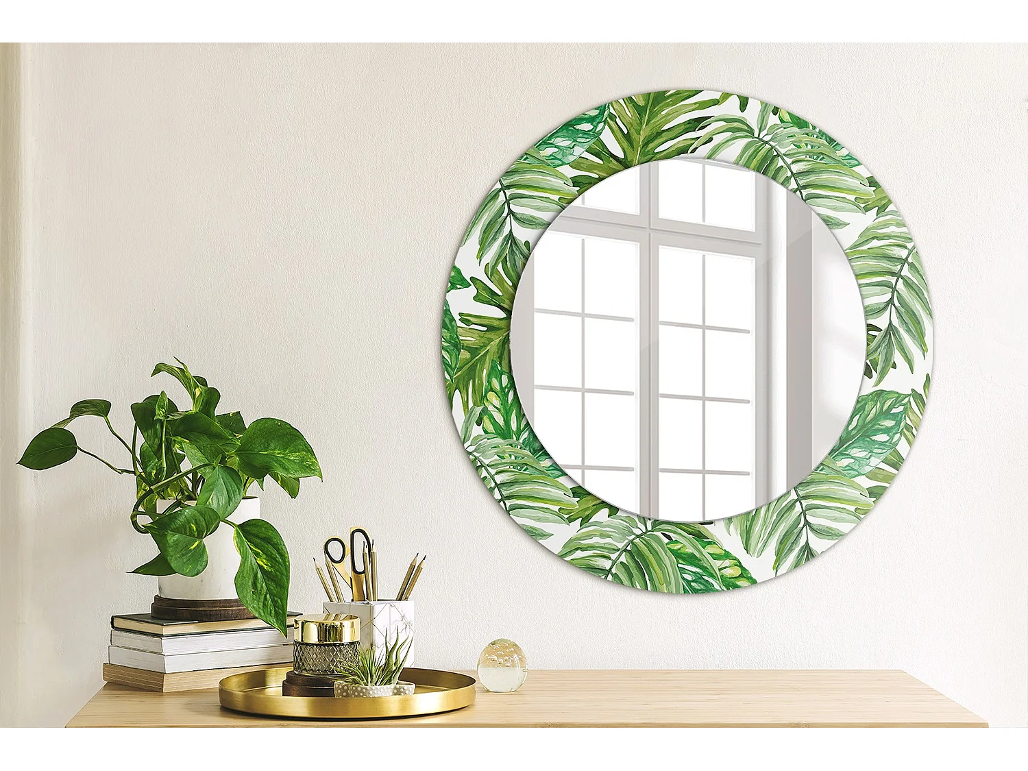 Miroir rond décoratif - Feuilles de jungle - 50 cm