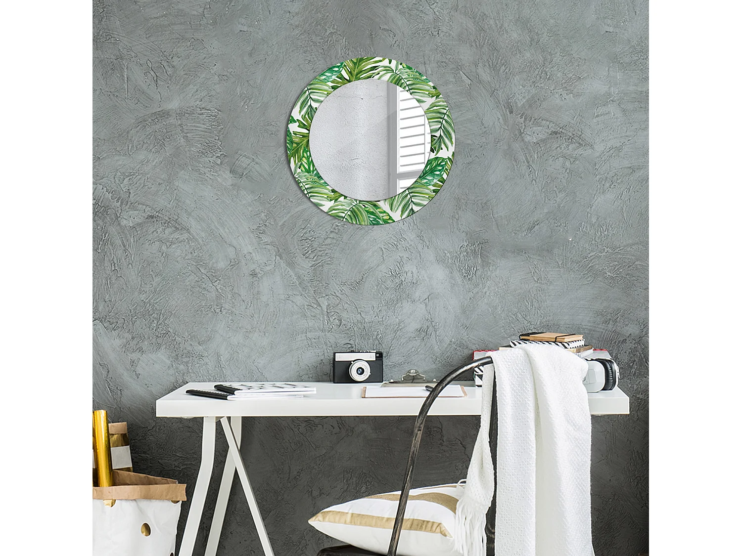 Miroir rond décoratif - Feuilles de jungle - 50 cm