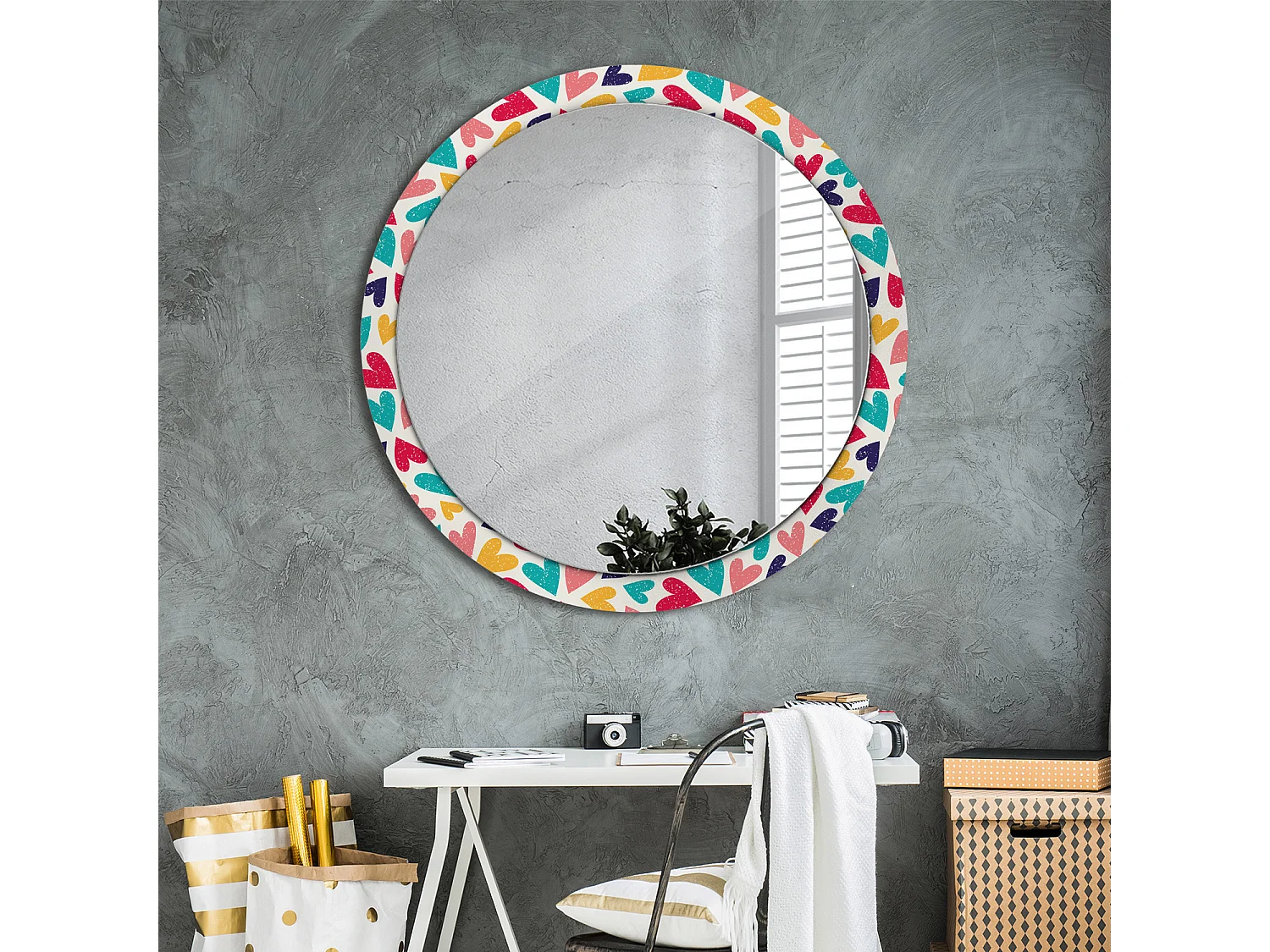 Miroir rond décoratif - Coeurs colorés - 100 cm
