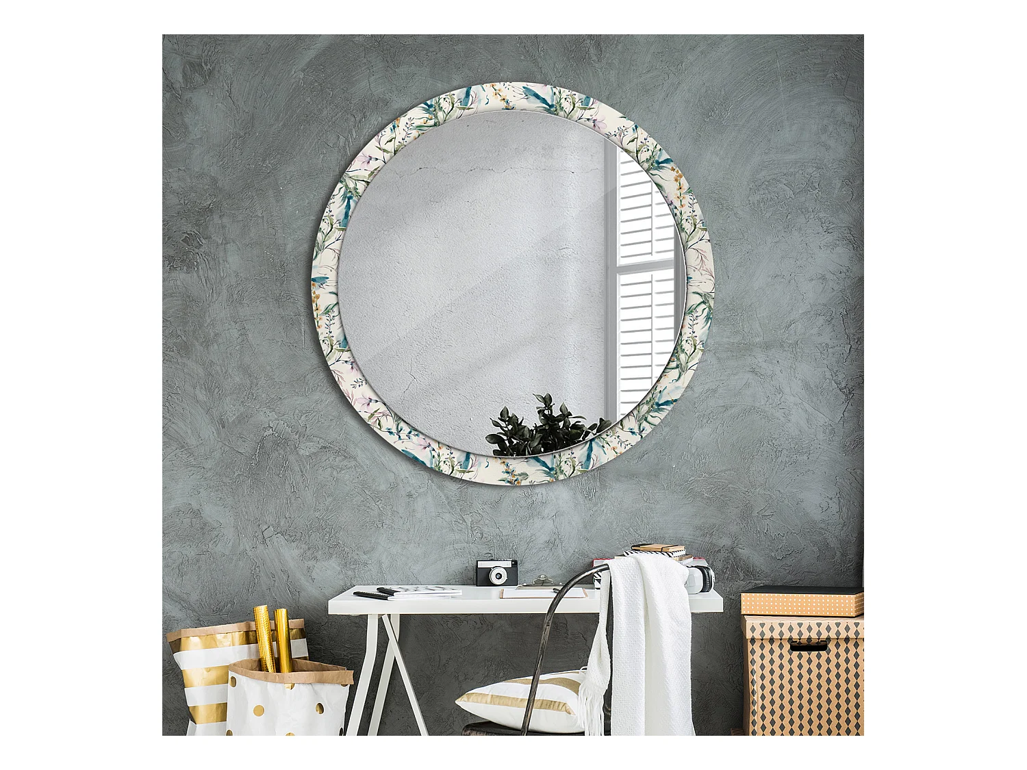 Miroir rond décoratif - Fleurs aquarelles - 100 cm