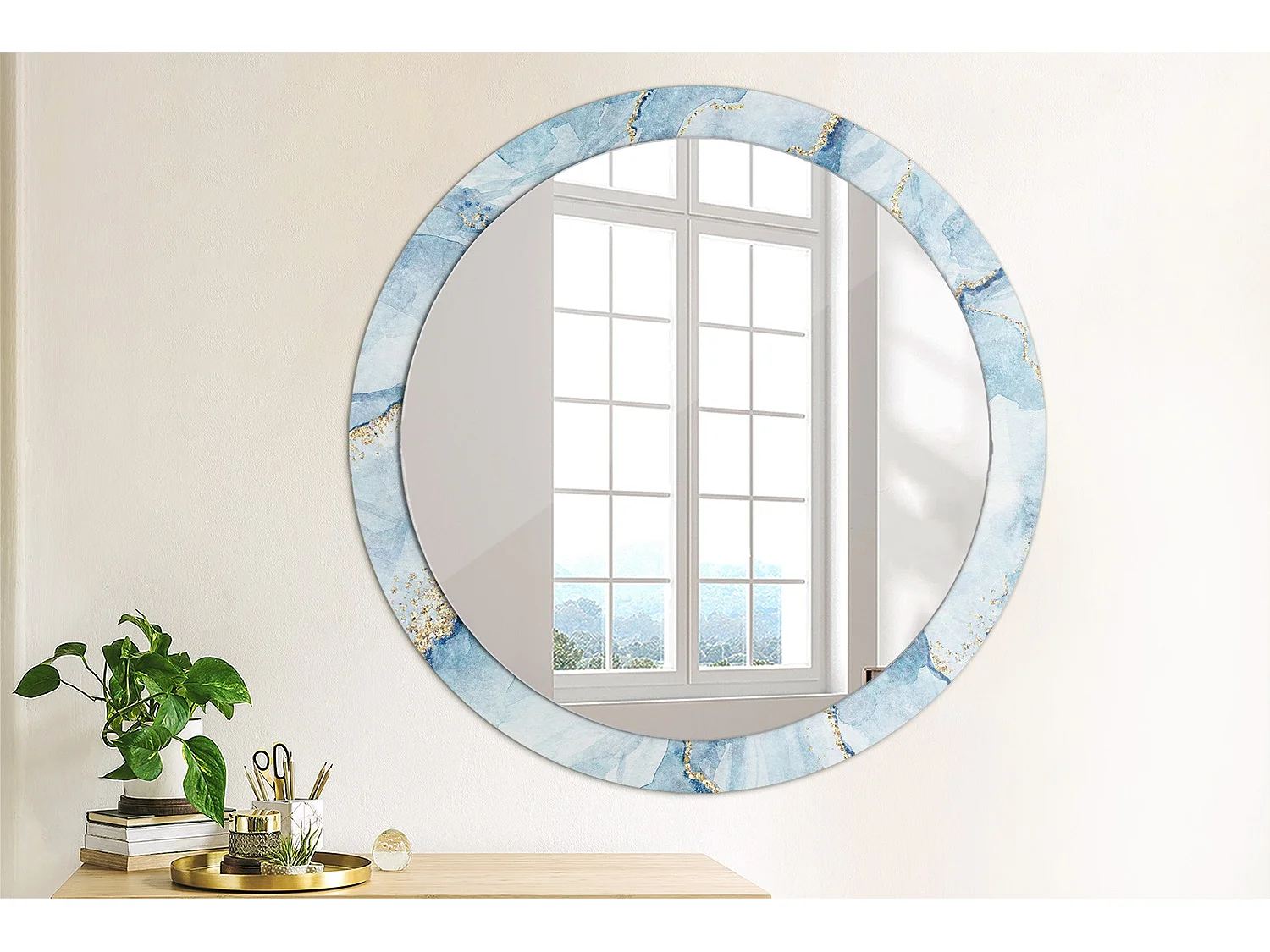 Ronde decoratieve spiegel - Blauw Marmer - 90 cm