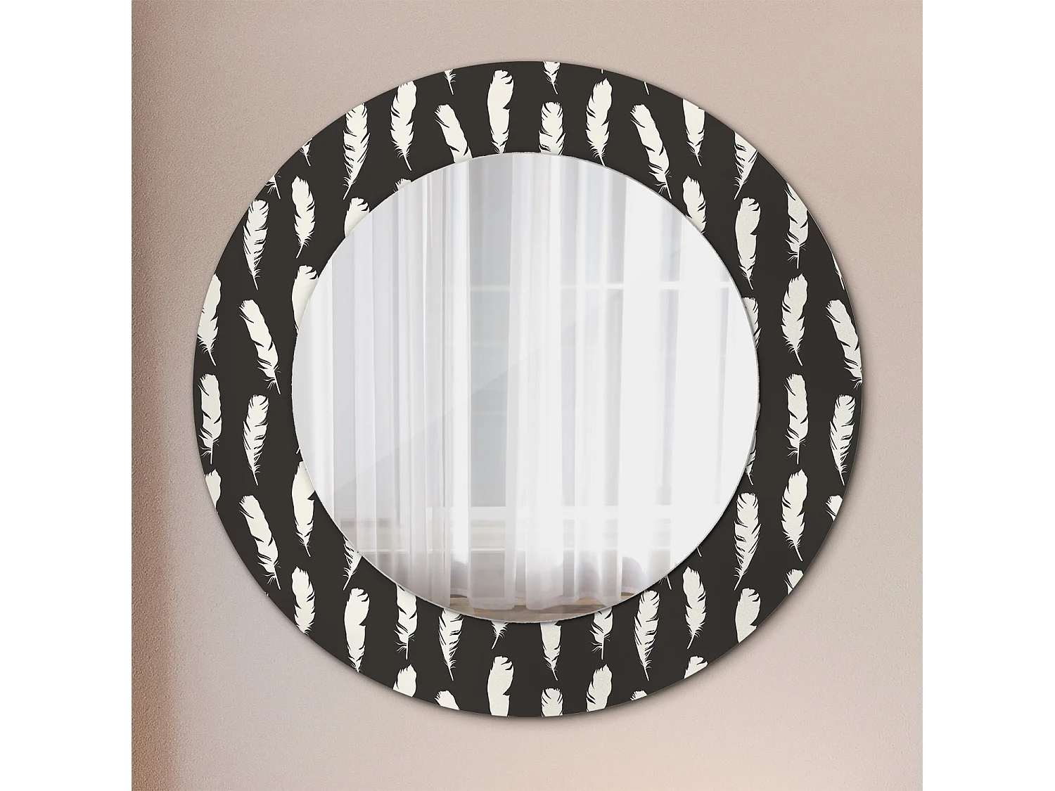 Decoratieve ronde spiegel - Zwart-witte veren - 50 cm