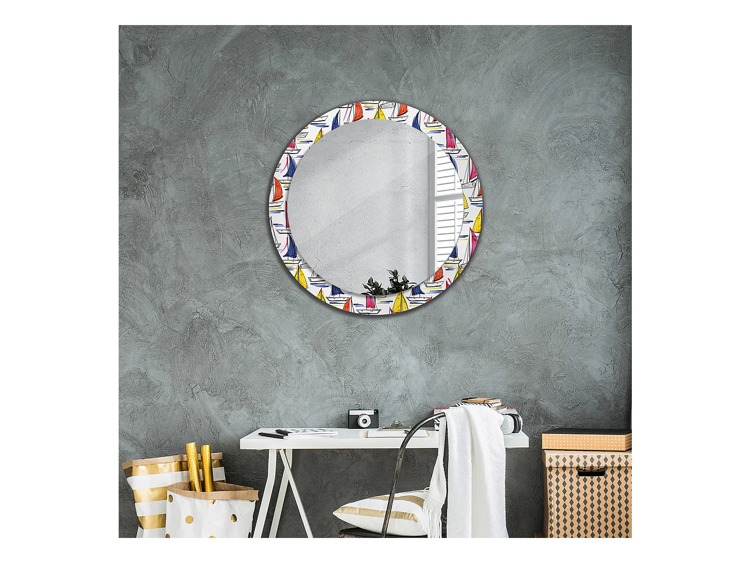 Miroir rond décoratif - Bateaux colorés - 80 cm