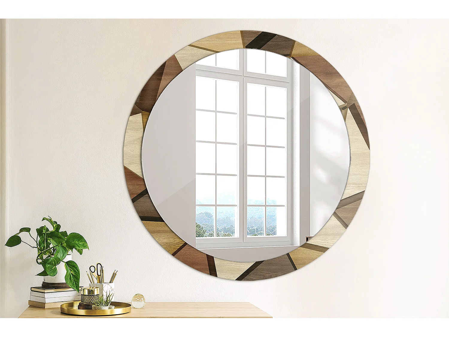 Miroir rond décoratif - Bois 3D géométrique - 90 cm